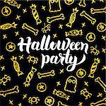 Halloween Party Gold Black Postcard. Vector Illustration of Seasonal Holiday Calligraphy with Golden Decoration.