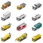 Commercial, construction, and service trucks isometric icon set vector graphic illustration design