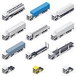 Trucks with different semi-trailers detailed isometric icons set vector graphic illustration design