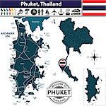 Vector of Phuket Province, Thailand. Map contains Phang-Nga island, roads and beaches icons