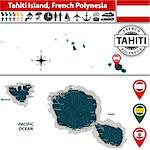 Vector of Tahiti island in archipelago Society Islands, French Polynesia. Map contains roads and travel icons