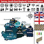 Vector map of Surrey, South East England, United Kingdom with regions and flags