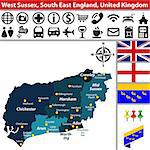 Vector map of West Sussex, South East England, United Kingdom with regions and flags