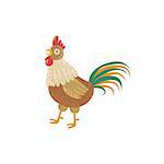 Rooster With Green Tail Standing Stylized Cute Childish Flat Vector Drawing Isolated On White Background