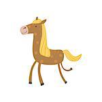 Brown Horse With Yellow Crest Walking Stylized Cute Childish Flat Vector Drawing Isolated On White Background