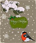 Christmas card with bullfinch. Vector illustration EPS8