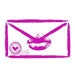 Stylized love letter sealed with a loving kiss on pink background