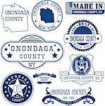 Onondaga county, New York. Set of generic stamps and signs including Onondaga county seal elements and outline county map.