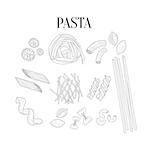 Italian Pasta Assortment Isolated Hand Drawn Realistic Sketches.Hand Drawn Detailed Contour Illustration On White Background.