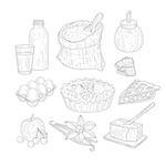 Pie Baking Ingredients Isolated Hand Drawn Realistic Sketches. Artistic Pencil Detailed Contour Illustration On White Background.