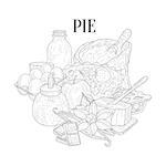 Pie Baking Ingredients Hand Drawn Realistic Sketch. Artistic Pencil Detailed Contour Illustration On White Background.