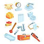 Plumbing Related Instruments And Objects Set Cool Colorful Vector Illustration In Stylized Geometric Cartoon Design On White Background