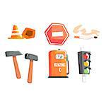 Road Sign, Cones, Hammers, Cigarette, Petrol Filling And Street Light Cool Colorful Vector Illustration In Stylized Geometric Cartoon Design