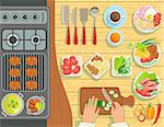 Cafe Grill Cooking Process Elements Set View From Above. Colorful Illustration In Simple Style In Cartoon Flat Vector Design