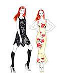 Fashion Sketch of Two Beautiful Redhead Girls. Hand Drawn Modern Stylish Woman Concept in Red and Black Colors.