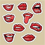 Set of red female lips and tongue, pop art comic vector illustration. Funny mouth