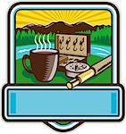 Illustration of a mug, fly tackle bait box, fly rod and reel set inside crest shield with mountain river trees and sunburst in the background done in retro woodcut style.