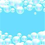 Vector soap bubbles blue banner background with space for text. Transparent bubbles for banner and washing powder package design.