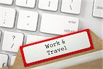 Work and Travel. Red Index Card Overlies Modern Metallic Keyboard. Archive Concept. Close Up View. Selective Focus. 3D Rendering.