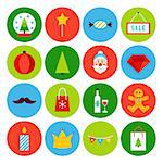 Flat Merry Christmas Icons. Vector Illustration. Winter Holiday. Collection of Circle Symbols.