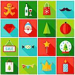 Merry Christmas Colorful Icons. Vector Illustration with Long Shadow. Winter Holiday. Collection of Rectangle Symbols.