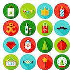 Merry Christmas Flat Icons. Vector Illustration with Long Shadow. Winter Holiday. Collection of Circle Symbols.