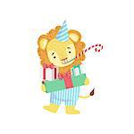 Lion Cute Animal Character Attending Birthday Party. Childish Cartoon Style Animal Dressed In Human Clothes Vector Sticker