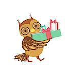 Owl Cute Animal Character Attending Birthday Party. Childish Cartoon Style Animal With Celebration Attributes Vector Sticker