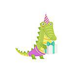 Crocodile Cute Animal Character Attending Birthday Party. Childish Cartoon Style Animal Dressed In Human Clothes Vector Sticker