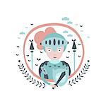 Knight Fairy Tale Character Girly Sticker In Round Frame In Childish Simple Design Isolated On White Background