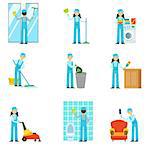 Professional Clean Up Service Set Of Illustrations. Simplified Bright Color Drawings With People Doing Different Household Cleaning In Blue Dungarees.