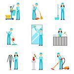 Workers Providing Cleaning Service In Blue Uniform Set Of Illustrations. Simplified Bright Color Drawings With People Doing Different Household Clean Ups In Blue Dungarees.