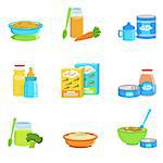 Baby Food And Products Set Of Icons. Bright Color Infant Diet Elements Informational Illustrations. Flat Colorful Vector Icons On White Background.