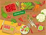 Table With Fresh Organic Vegetables And Cooking Attributes View From Above. Simple Bright Color Vector Illustration With Vegetarian Food Preparation Ingredients.