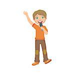 Boy In Orange T-shirt Singing In Karaoke. Bright Color Cartoon Simple Style Flat Vector Sticker Isolated On White Background