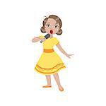 Girl In Yellow Dress Singing In Karaoke. Bright Color Cartoon Simple Style Flat Vector Sticker Isolated On White Background