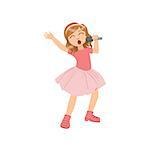 Girl In Pink Outfit Singing In Karaoke. Bright Color Cartoon Simple Style Flat Vector Sticker Isolated On White Background