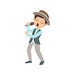 Boy In Hat Singing In Karaoke. Bright Color Cartoon Simple Style Flat Vector Sticker Isolated On White Background