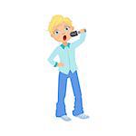 Boy In Blue Outfit Singing In Karaoke. Bright Color Cartoon Simple Style Flat Vector Sticker Isolated On White Background