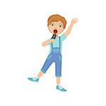 Boy In Dungarees Singing In Karaoke. Bright Color Cartoon Simple Style Flat Vector Sticker Isolated On White Background