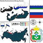 Vector map of Nenets Autonomous Okrug with coat of arms and location on Russian map