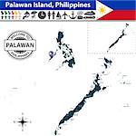 Vector of Palawan island, Philippines. Map contains regions and travel icons