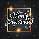 Christmas background with greeting inscription in golden frame. Merry Christmas lettering.