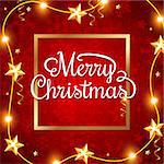 Decorative red shining Christmas background with greeting inscription. Merry Christmas lettering.