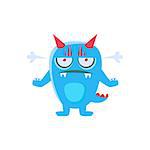 Angry Blue Monster With Horns And Spiky Tail. Silly Childish Drawing Isolated On White Background. Funny Fantastic Animal Colorful Vector Sticker.