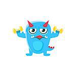 Blue Monster With Horns And Spiky Tail Working Out In Gym. Silly Childish Drawing Isolated On White Background. Funny Fantastic Animal Colorful Vector Sticker.
