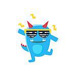 Blue Monster With Horns And Spiky Tail Dancing In Club. Silly Childish Drawing Isolated On White Background. Funny Fantastic Animal Colorful Vector Sticker.