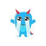 Blue Monster With Horns And Spiky Tail Crying Out Loud. Silly Childish Drawing Isolated On White Background. Funny Fantastic Animal Colorful Vector Sticker.