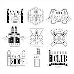 Vape Club Black And White Emblems In Classic Style Vector Monochrome Graphic Design. Logo Set With Text On White Background