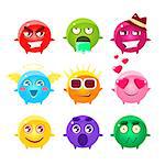 Collection Of Spherical Character Emoji Icons.Cute Emoticons In Cartoon Childish Style Isolated On White Background.